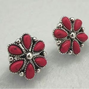 Red flower stud earrings